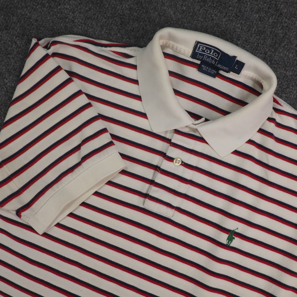Polo Ralph Lauren Shirt Men Large Polo White Striped Short Sleeve Preppy Classic